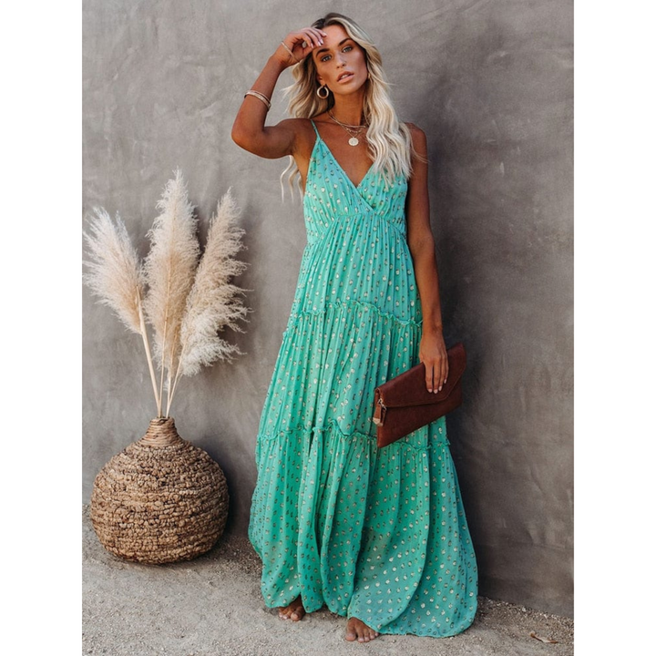 Damen Maxikleid mit V-Hals Spaghettiträgern und Gestuftem Rock