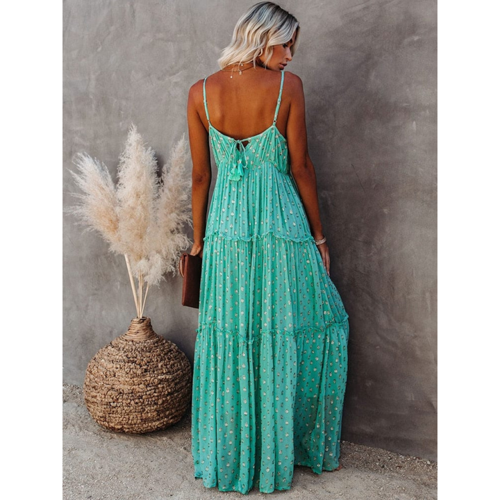 Damen Maxikleid mit V-Hals Spaghettiträgern und Gestuftem Rock
