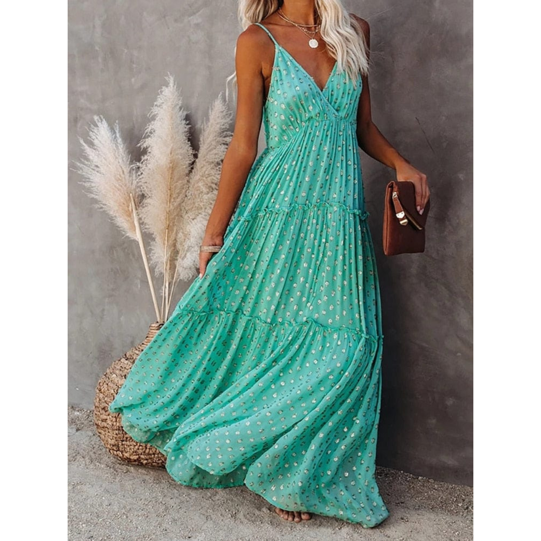 Damen Maxikleid mit V-Hals Spaghettiträgern und Gestuftem Rock