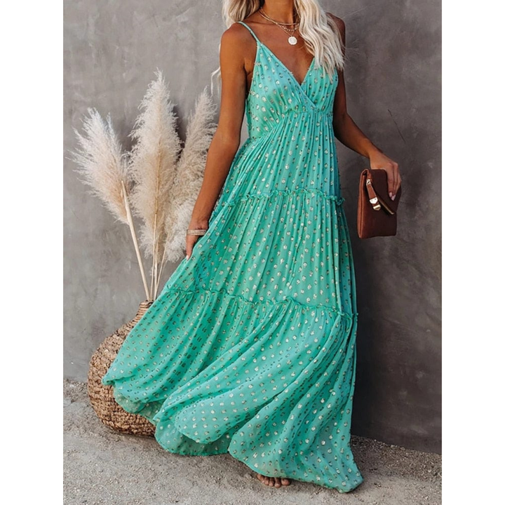 Damen Maxikleid mit V-Hals Spaghettiträgern und Gestuftem Rock