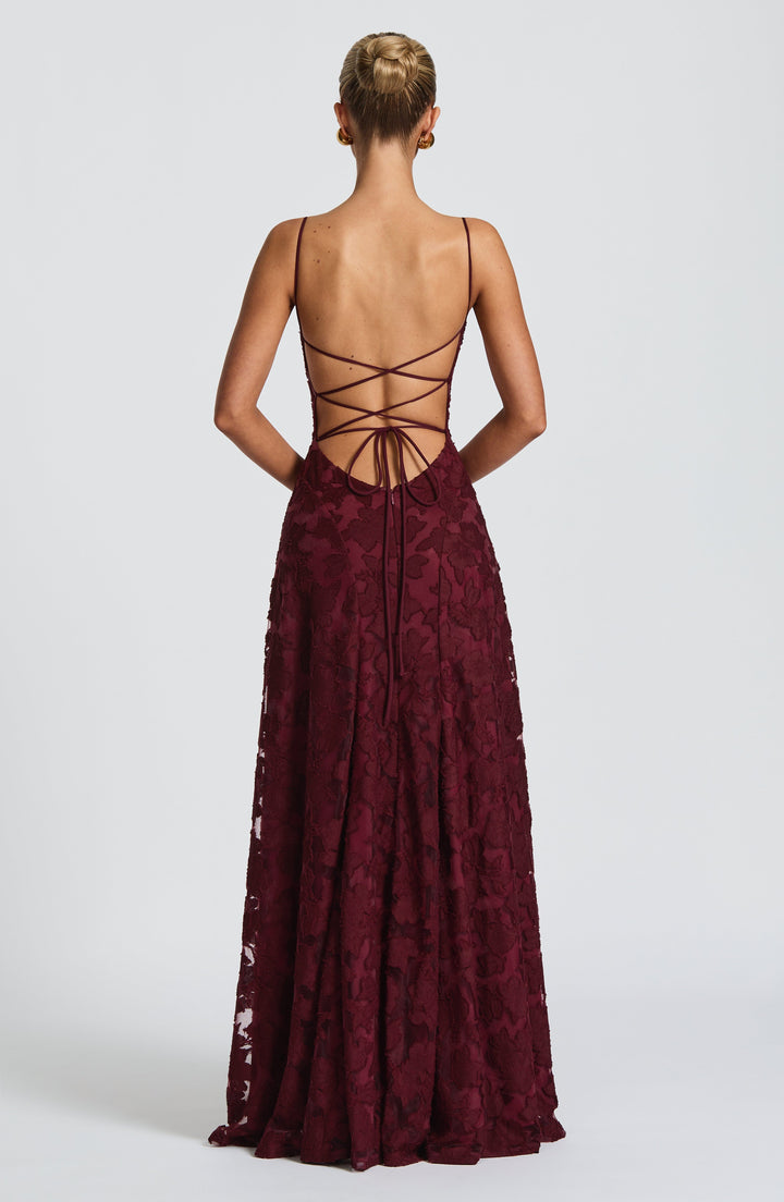Damen Maxikleid mit Wasserfallausschnitt Spaghettiträgern Blumenmuster und Schnürung am Rücken
