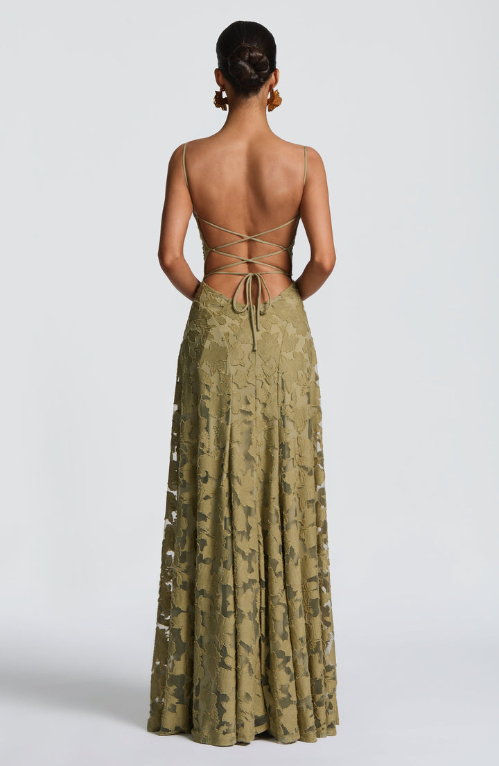 Damen Maxikleid mit Wasserfallausschnitt Spaghettiträgern Blumenmuster und Schnürung am Rücken
