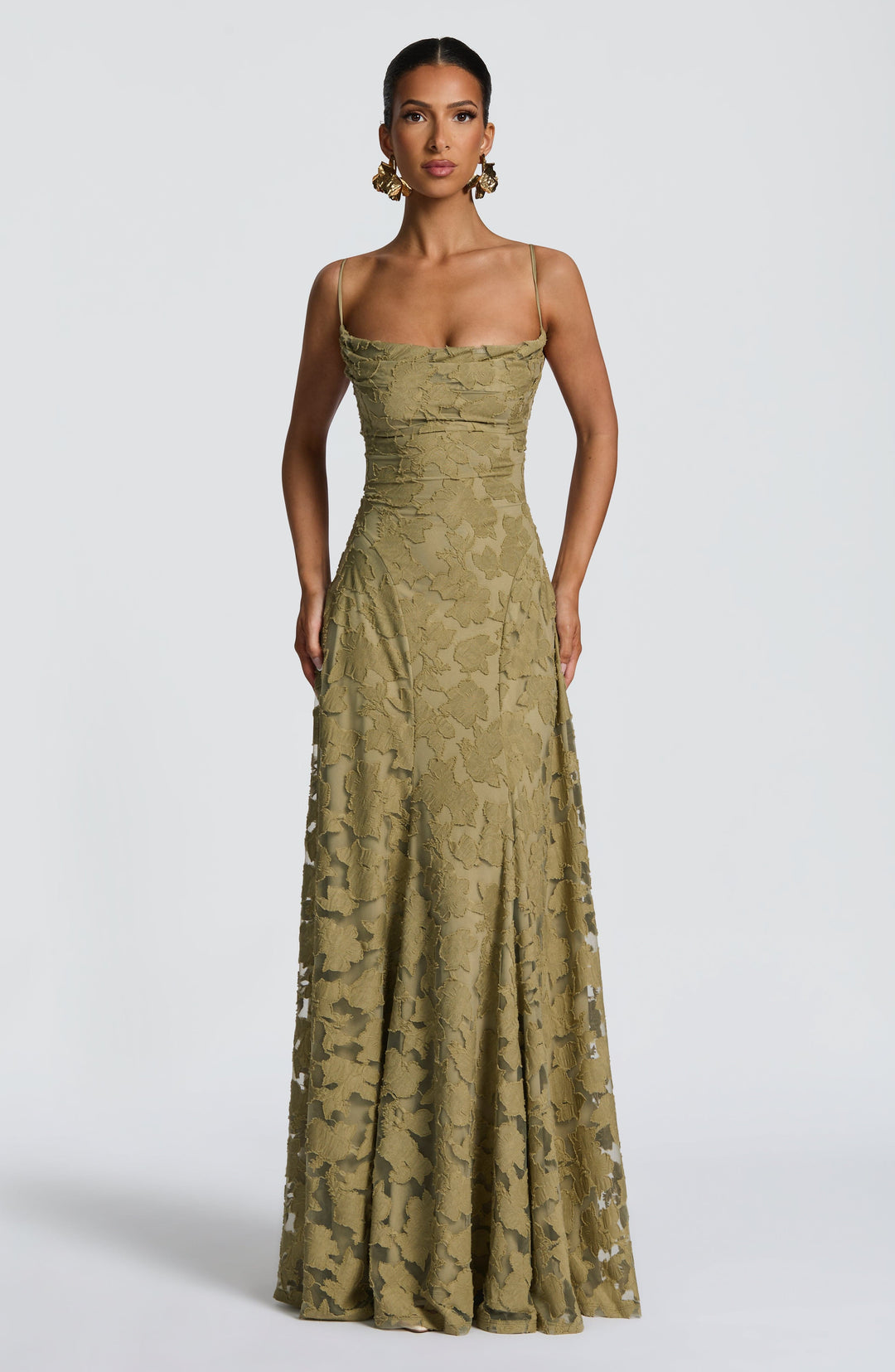 Damen Maxikleid mit Wasserfallausschnitt Spaghettiträgern Blumenmuster und Schnürung am Rücken