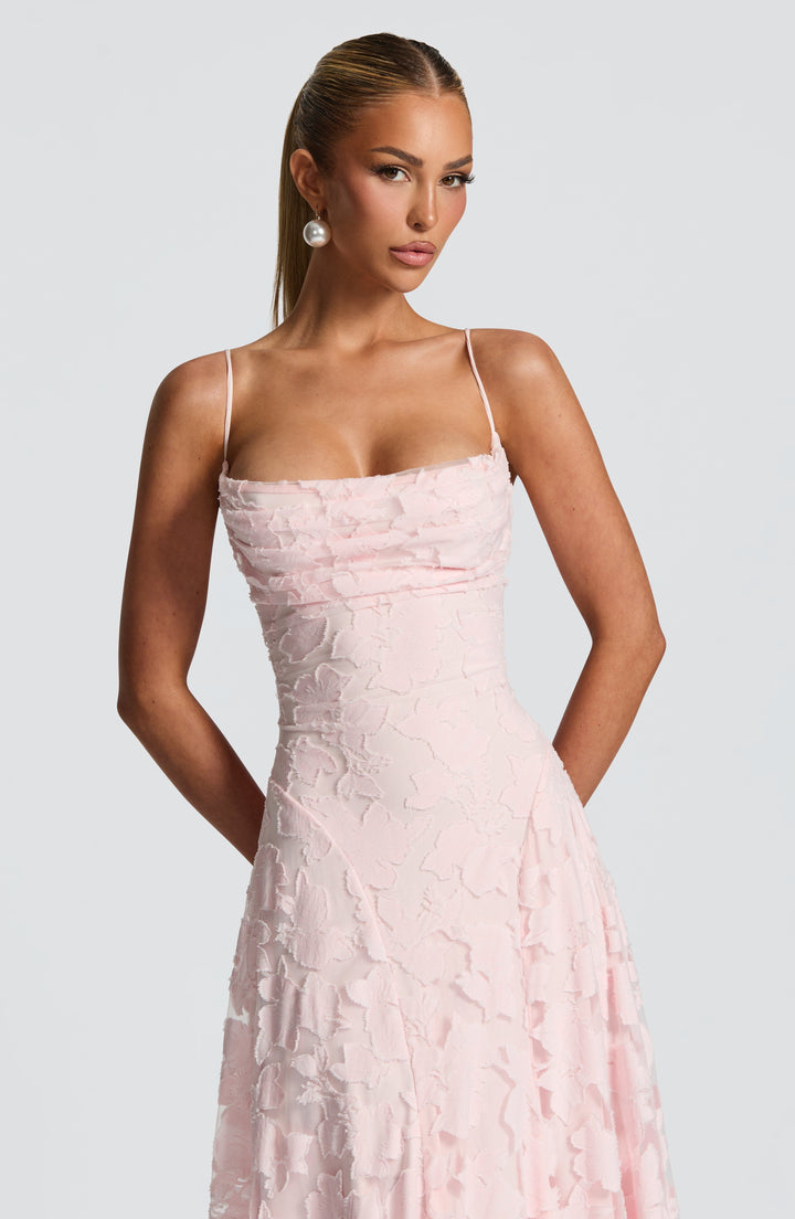 Damen Maxikleid mit Wasserfallausschnitt Spaghettiträgern Blumenmuster und Schnürung am Rücken