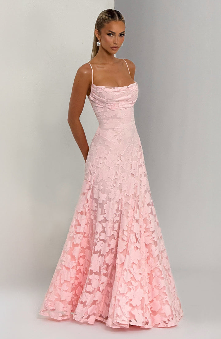 Damen Maxikleid mit Wasserfallausschnitt Spaghettiträgern Blumenmuster und Schnürung am Rücken