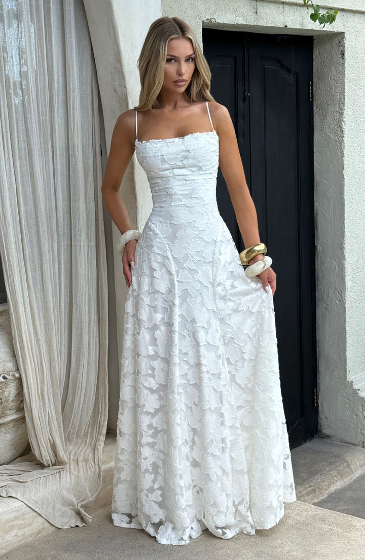 Damen Maxikleid mit Wasserfallausschnitt Spaghettiträgern Blumenmuster und Schnürung am Rücken