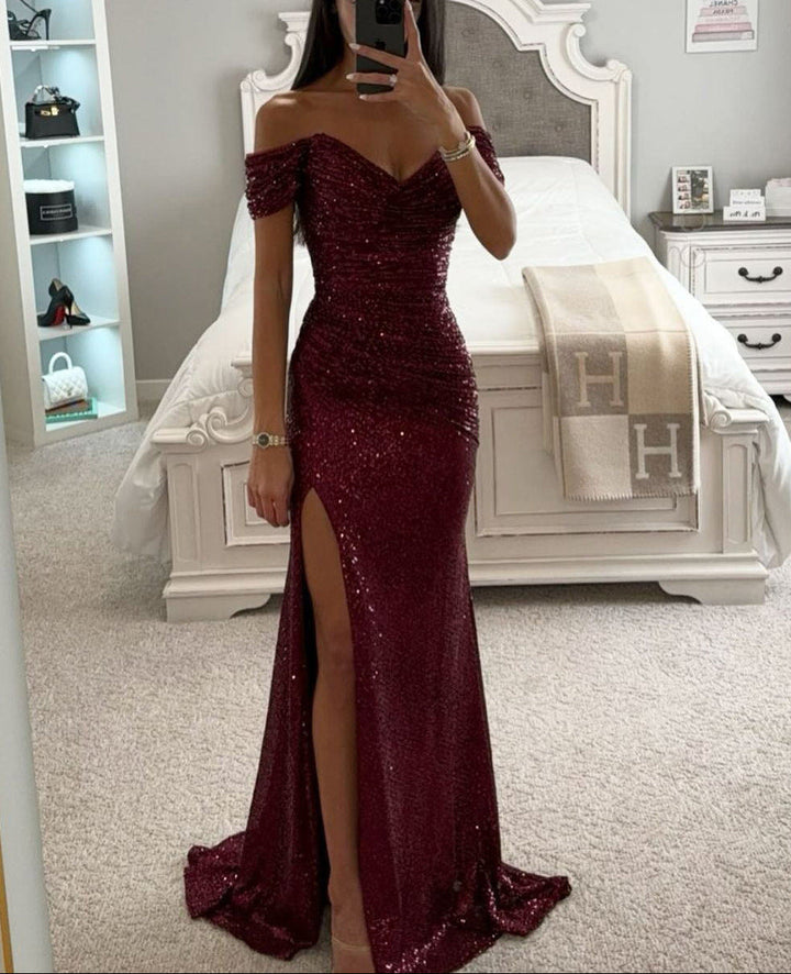 Damen Maxikleid schulterfrei mit Herzausschnitt Paillettenoberfläche und hohem Seitenschlitz