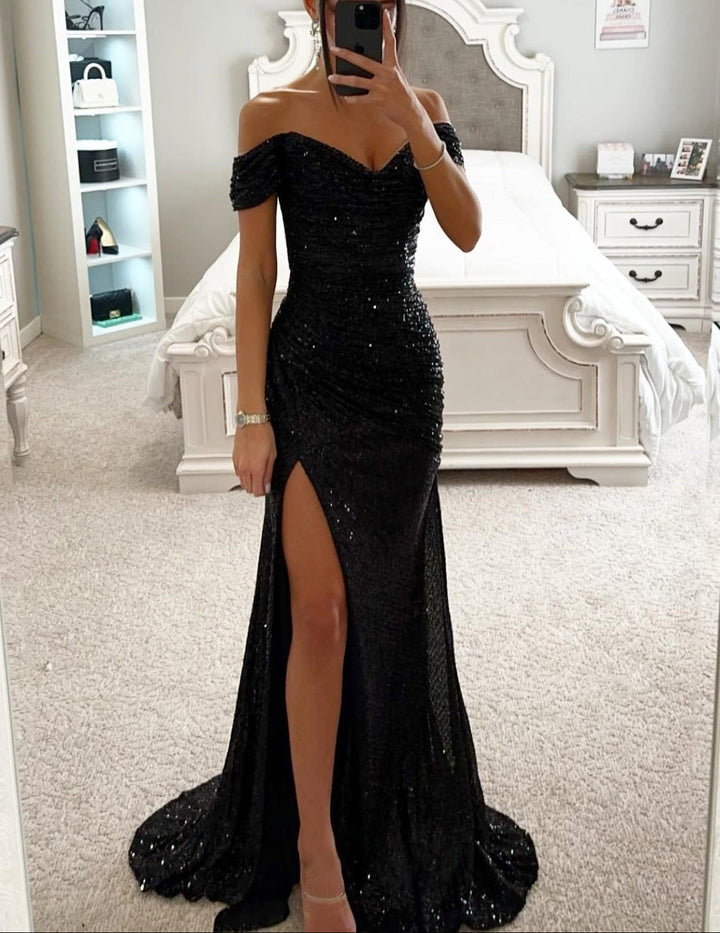 Damen Maxikleid schulterfrei mit Herzausschnitt Paillettenoberfläche und hohem Seitenschlitz