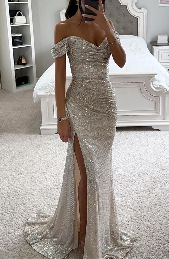 Damen Maxikleid schulterfrei mit Herzausschnitt Paillettenoberfläche und hohem Seitenschlitz