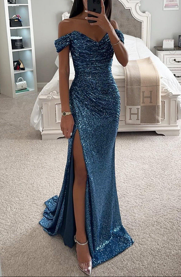 Damen Maxikleid schulterfrei mit Herzausschnitt Paillettenoberfläche und hohem Seitenschlitz