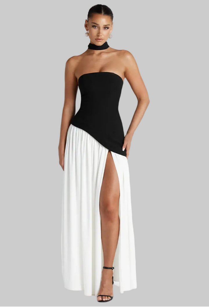 Damen Maxikleid trägerlos mit asymmetrischem Oberteil Beinschlitz und Schal am Hals
