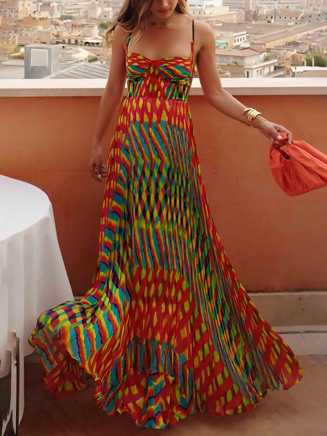 Damen Mehrfarbiges Maxikleid mit Spaghettiträgern und Herzförmigem Dekolleté mit Plisseerock