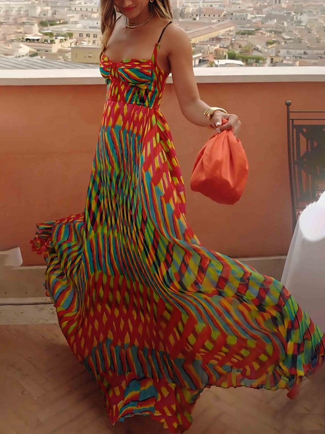 Damen Mehrfarbiges Maxikleid mit Spaghettiträgern und Herzförmigem Dekolleté mit Plisseerock