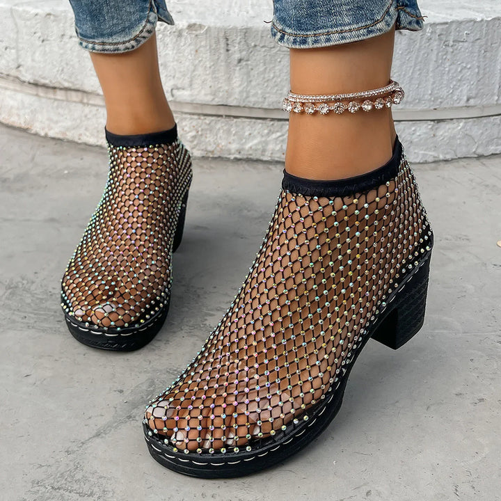 Damen Mesh-Ankelschuhe mit Strassdetails und Blockabsatz-Women Footwear-Alpenkind