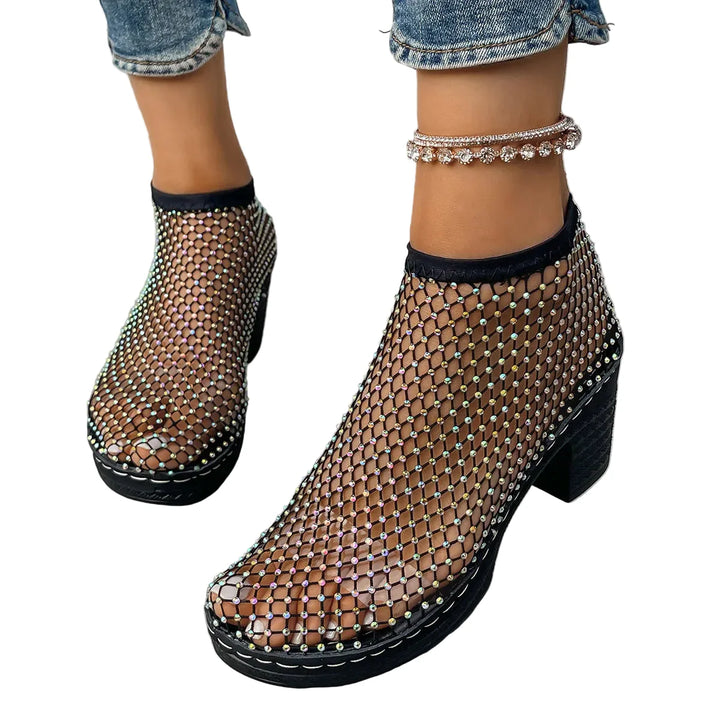 Damen Mesh-Ankelschuhe mit Strassdetails und Blockabsatz-Women Footwear-Alpenkind