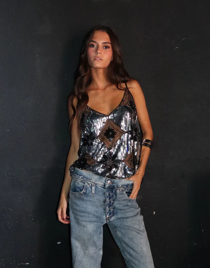 Damen Mesh-Top mit Paillettenbesatz V-Ausschnitt und Dünnen Trägern