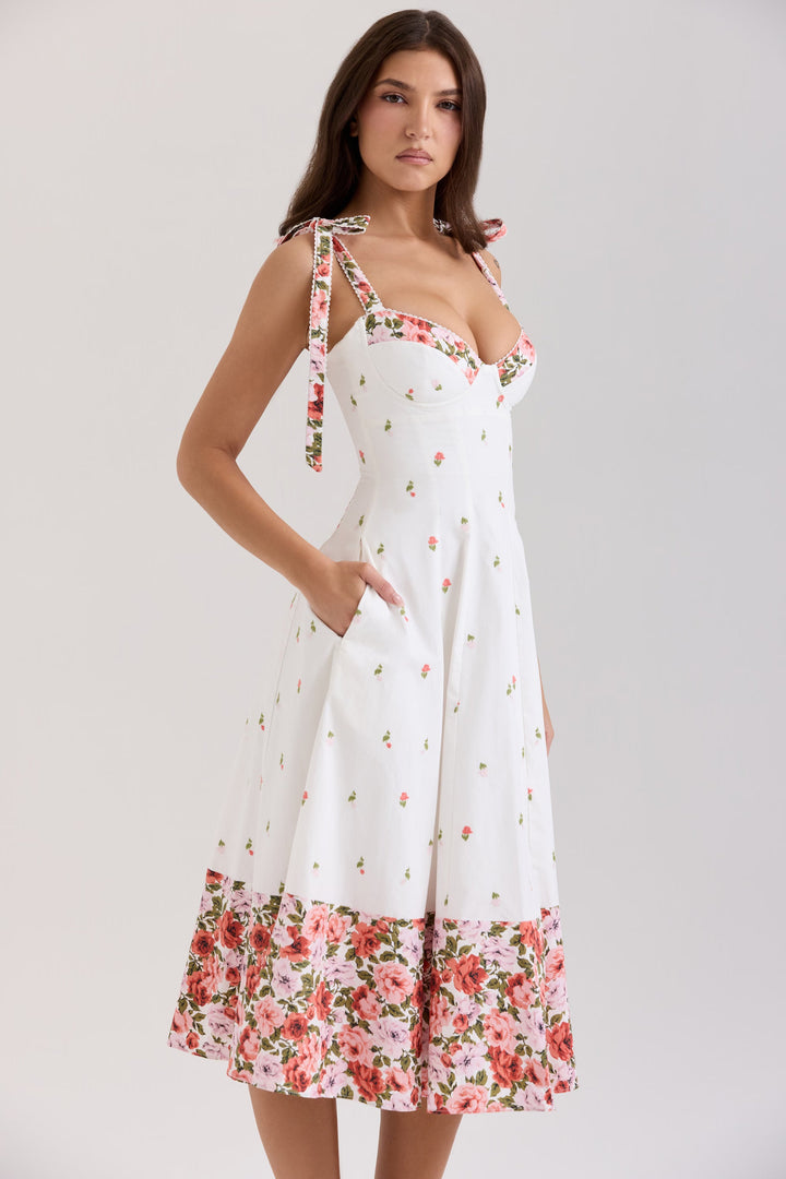 Damen Midi Kleid mit Herzausschnitt Bindeträgern und Blumenmuster