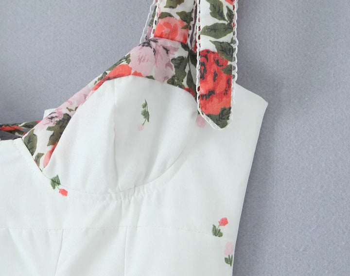 Damen Midi Kleid mit Herzausschnitt Bindeträgern und Blumenmuster