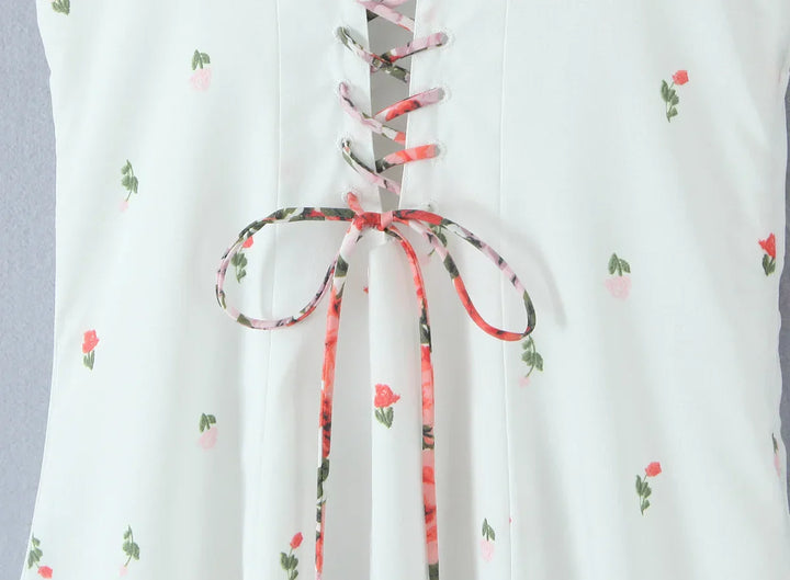 Damen Midi Kleid mit Herzausschnitt Bindeträgern und Blumenmuster