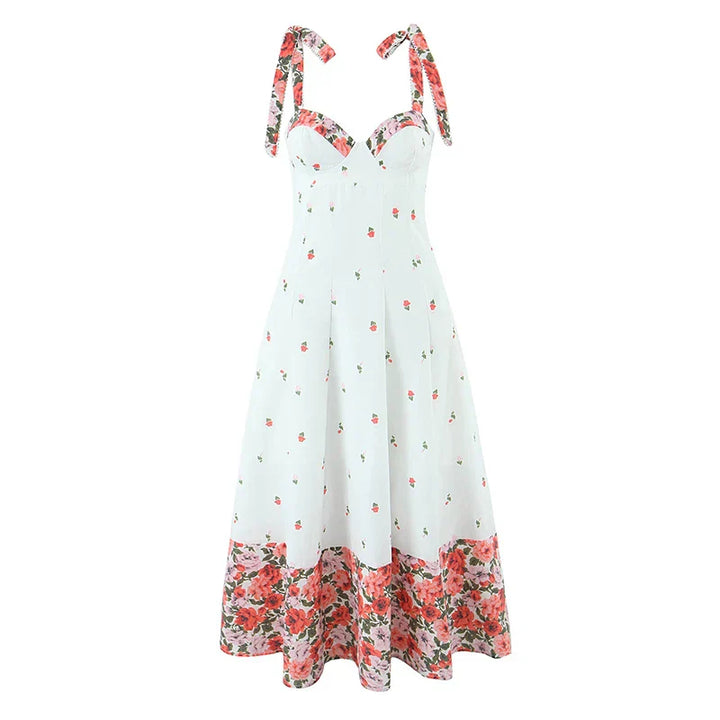 Damen Midi Kleid mit Herzausschnitt Bindeträgern und Blumenmuster