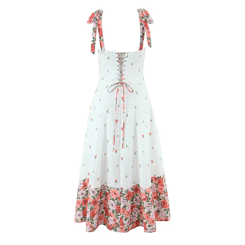 Damen Midi Kleid mit Herzausschnitt Bindeträgern und Blumenmuster