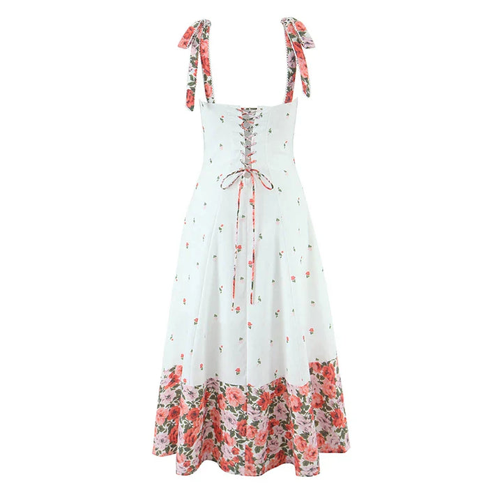 Damen Midi Kleid mit Herzausschnitt Bindeträgern und Blumenmuster