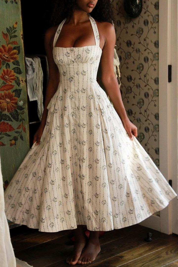 Damen Midi Kleid mit Herzausschnitt Neckholder Trägern Blumenmuster und A Linien Rock