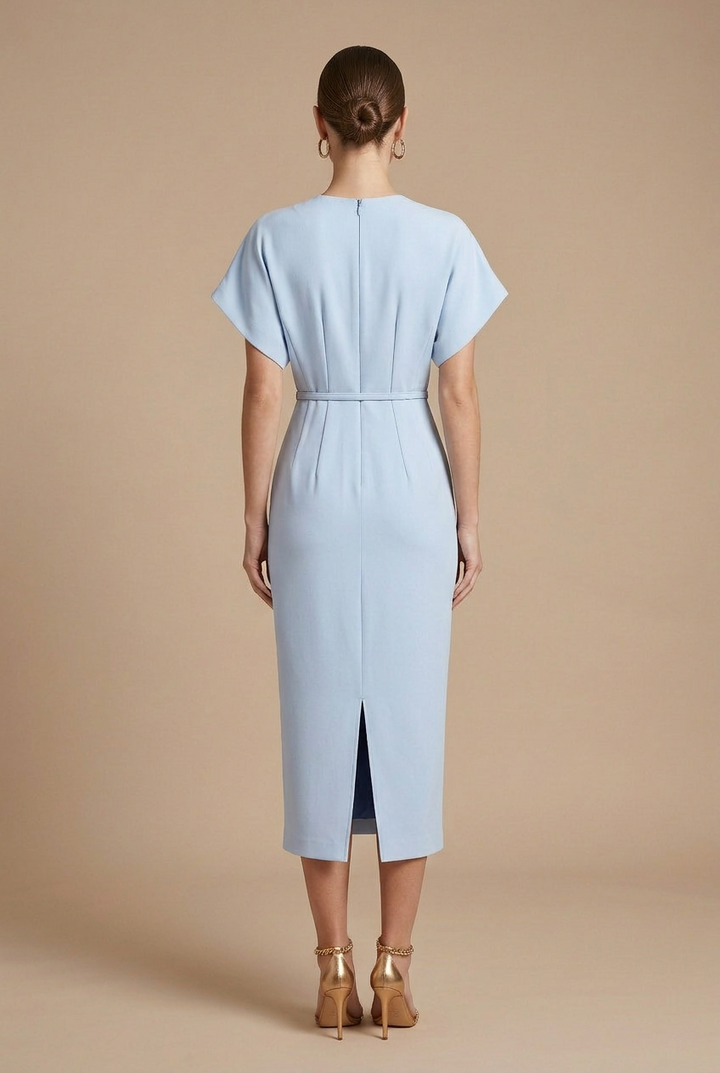 Damen Midi Kleid mit kurzen Ärmeln, V-Ausschnitt und Gürtel-Midi Dress-Alpenkind