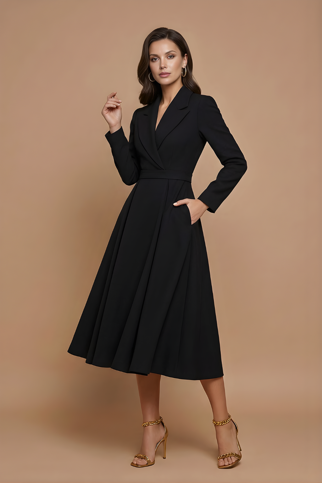 Damen Midi Kleid mit langen Ärmeln, Wickeloptik und Gürtel-Midi Dress-Alpenkind