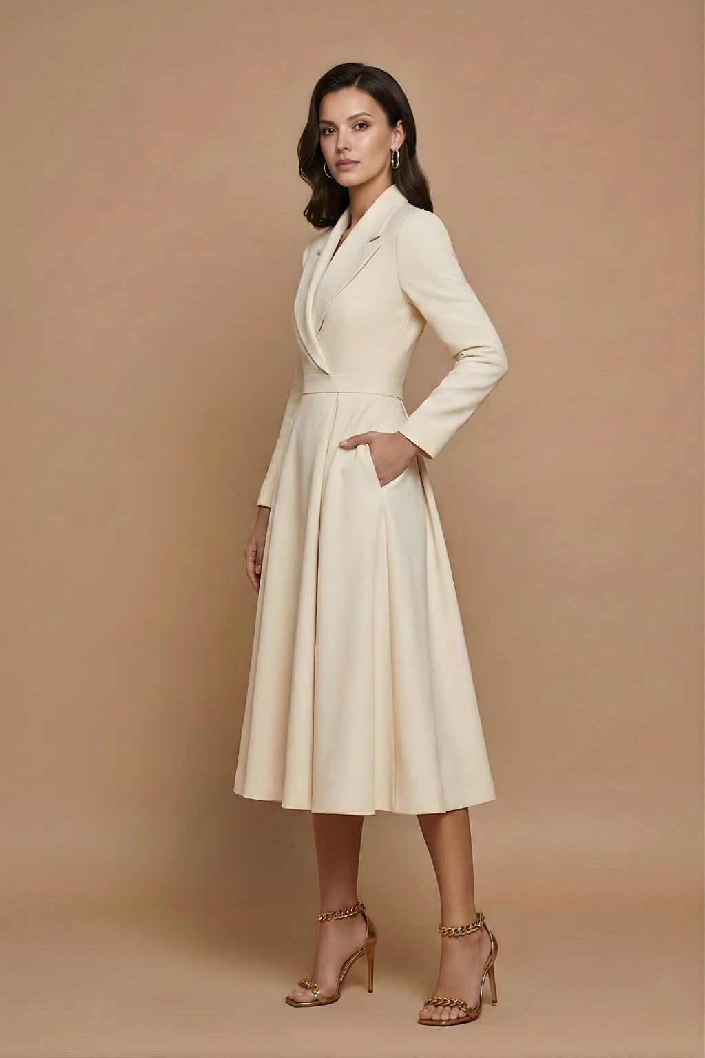 Damen Midi Kleid mit langen Ärmeln, Wickeloptik und Gürtel-Midi Dress-Alpenkind