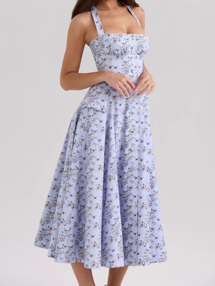 Damen Midi Kleid mit Neckholder Trägern Schleifenbindung A Linien Rock und Blumenmuster