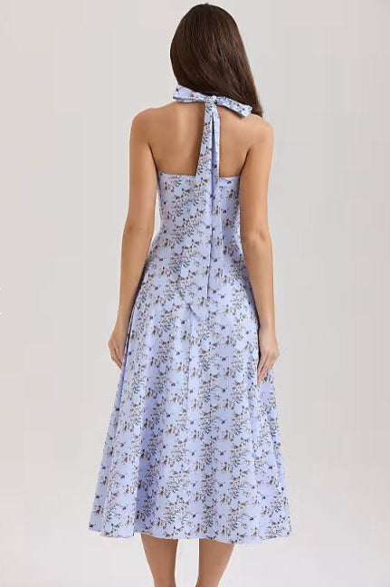 Damen Midi Kleid mit Neckholder Trägern Schleifenbindung A Linien Rock und Blumenmuster