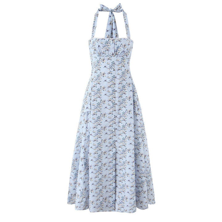Damen Midi Kleid mit Neckholder Trägern Schleifenbindung A Linien Rock und Blumenmuster