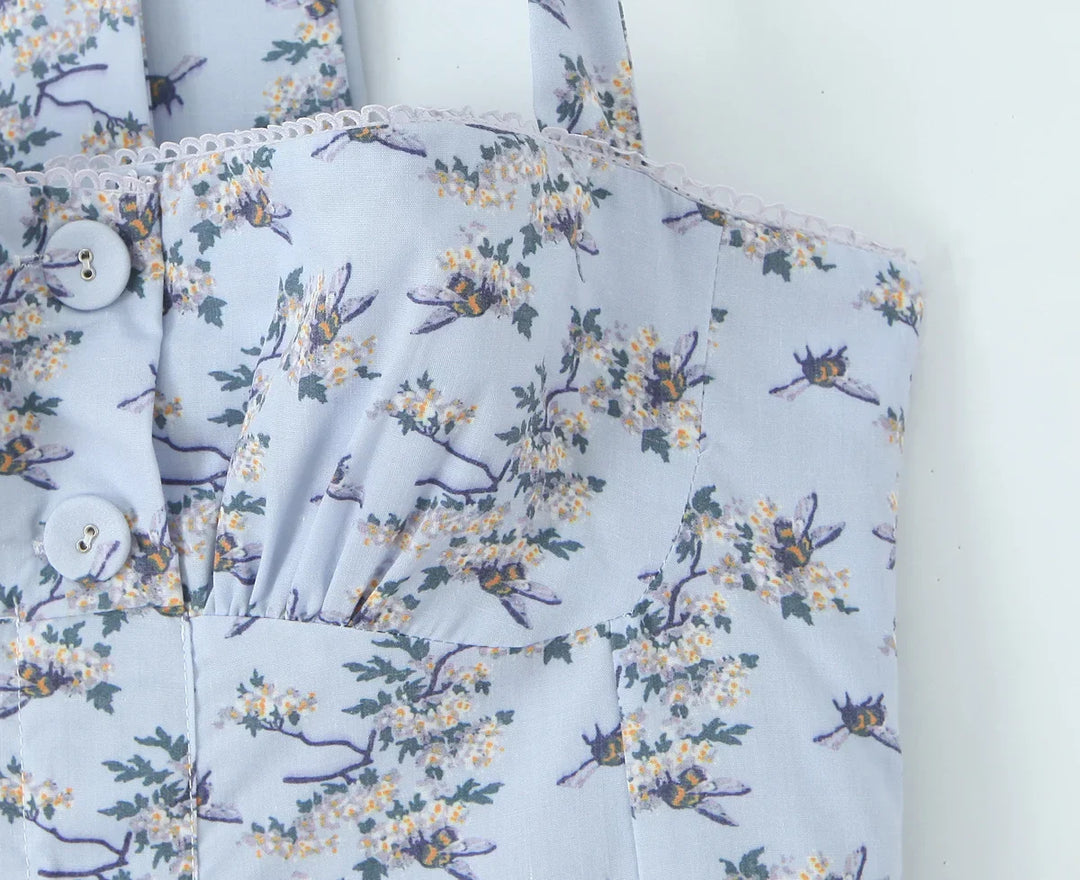 Damen Midi Kleid mit Neckholder Trägern Schleifenbindung A Linien Rock und Blumenmuster