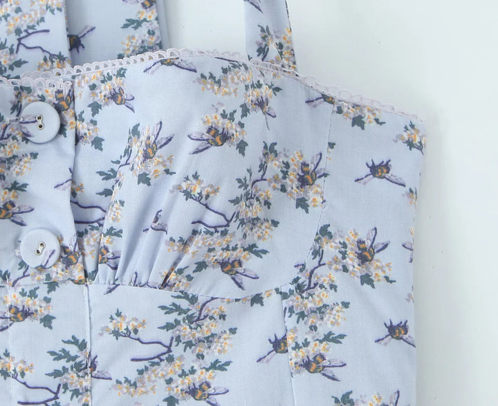 Damen Midi Kleid mit Neckholder Trägern Schleifenbindung A Linien Rock und Blumenmuster