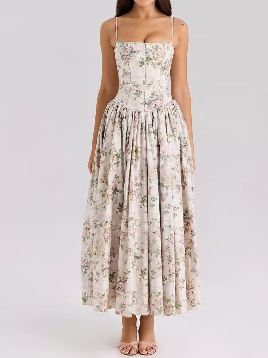 Damen Midi-Kleid mit Spaghettiträgern und Korsett-Nähten am Oberteil