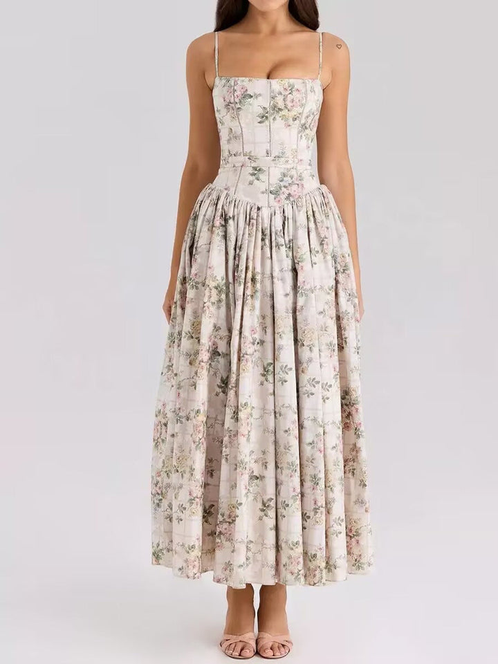 Damen Midi-Kleid mit Spaghettiträgern und Korsett-Nähten am Oberteil