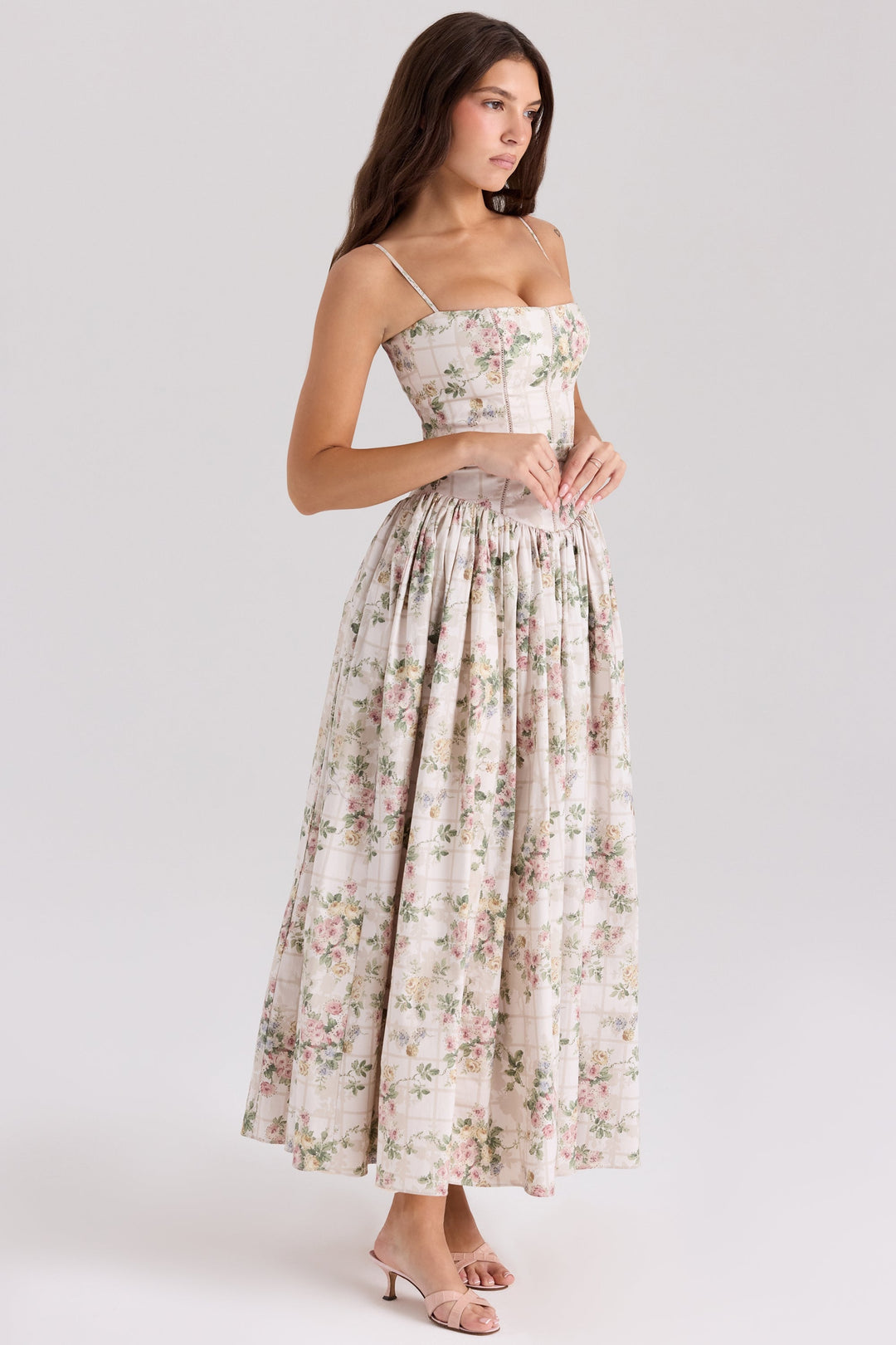 Damen Midi-Kleid mit Spaghettiträgern und Korsett-Nähten am Oberteil