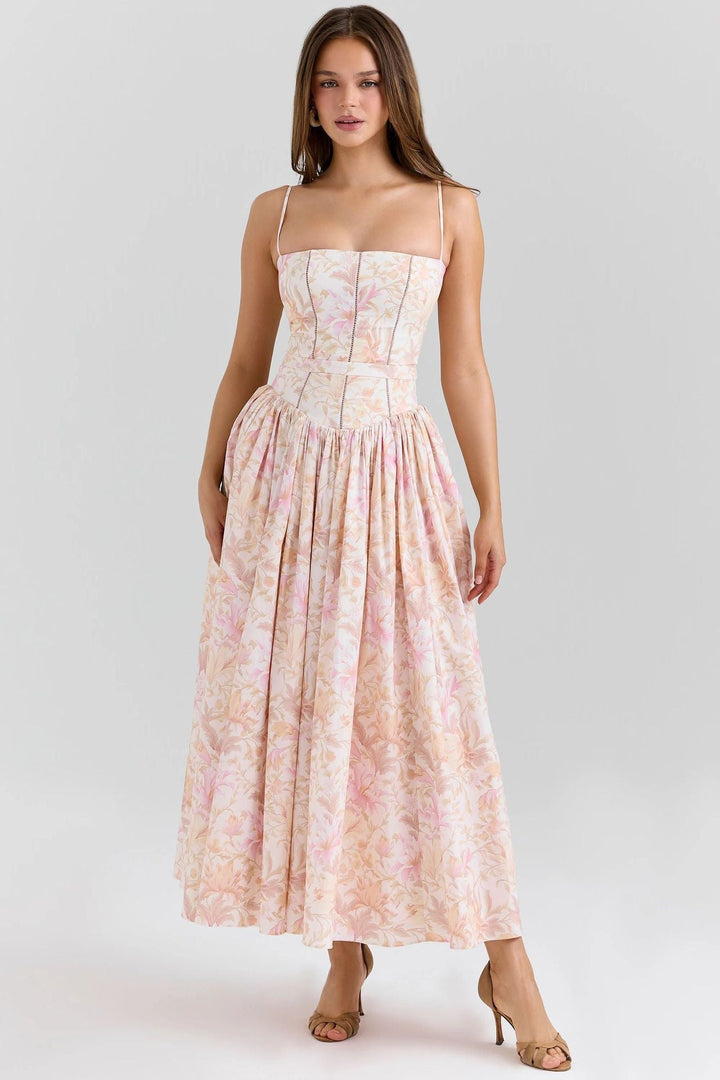Damen Midi-Kleid mit Spaghettiträgern und Korsett-Nähten am Oberteil