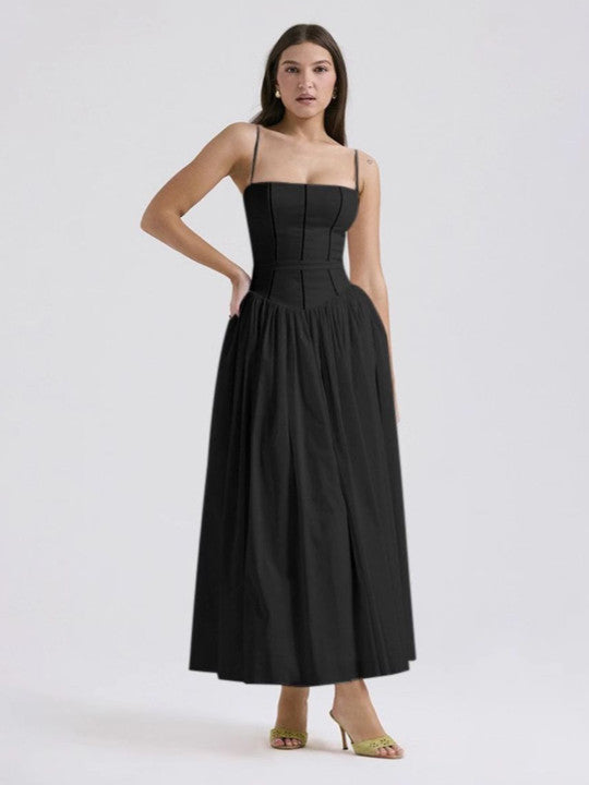 Damen Midi-Kleid mit Spaghettiträgern und Korsett-Nähten am Oberteil