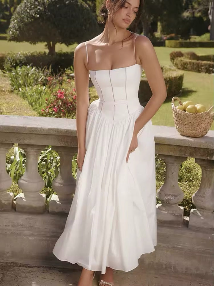 Damen Midi-Kleid mit Spaghettiträgern und Korsett-Nähten am Oberteil