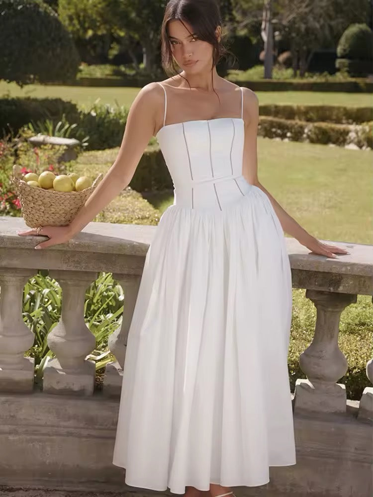 Damen Midi-Kleid mit Spaghettiträgern und Korsett-Nähten am Oberteil