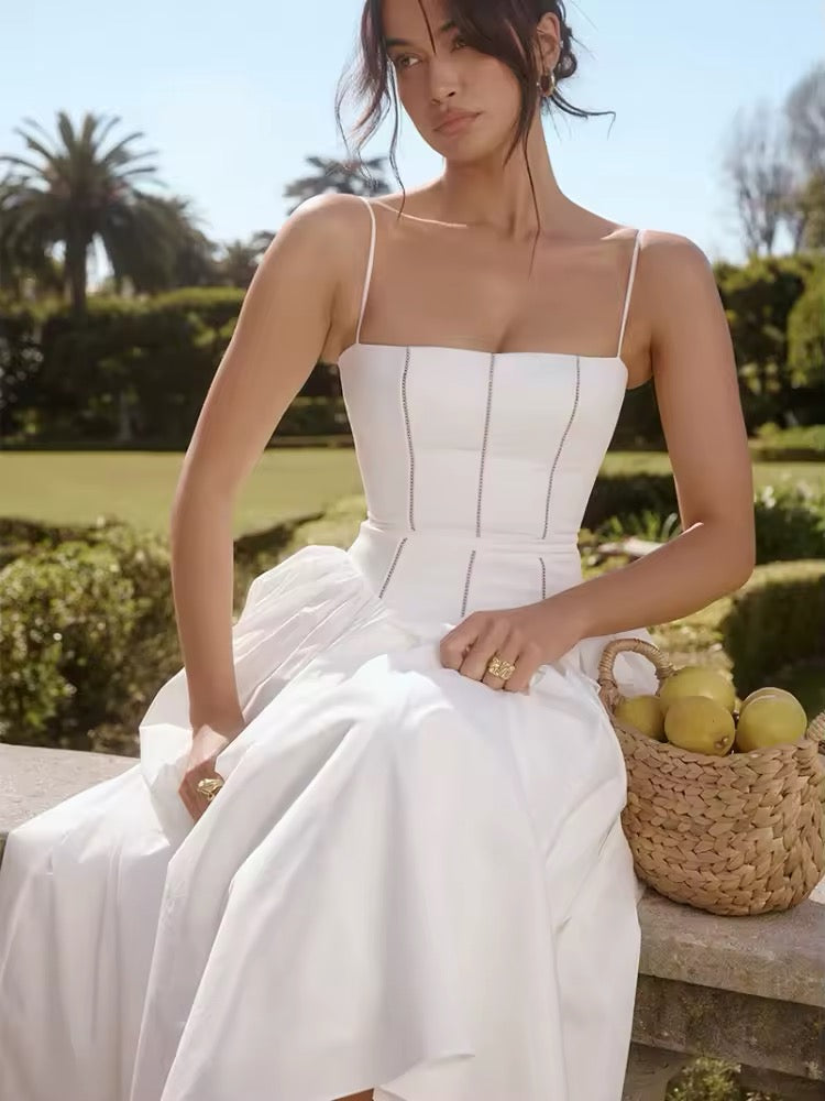 Damen Midi-Kleid mit Spaghettiträgern und Korsett-Nähten am Oberteil