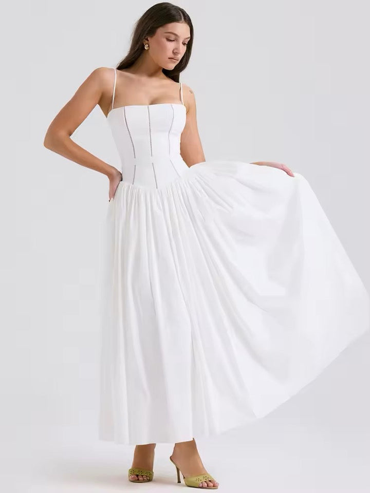 Damen Midi-Kleid mit Spaghettiträgern und Korsett-Nähten am Oberteil