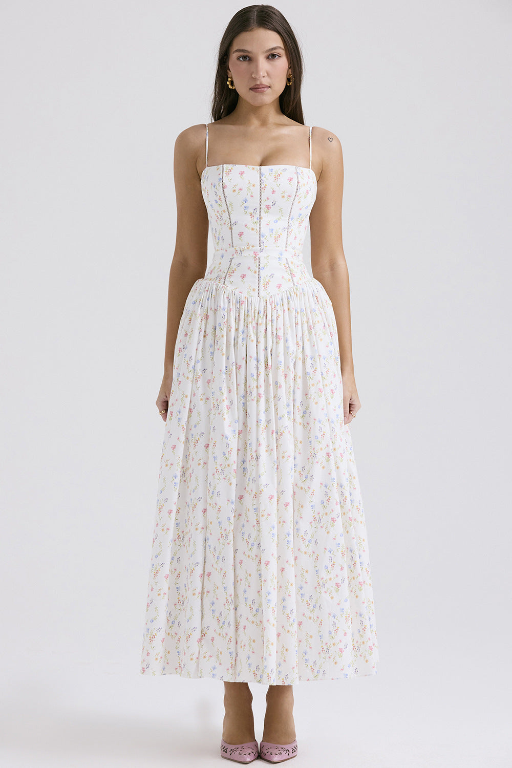 Damen Midi-Kleid mit Spaghettiträgern und Korsett-Nähten am Oberteil
