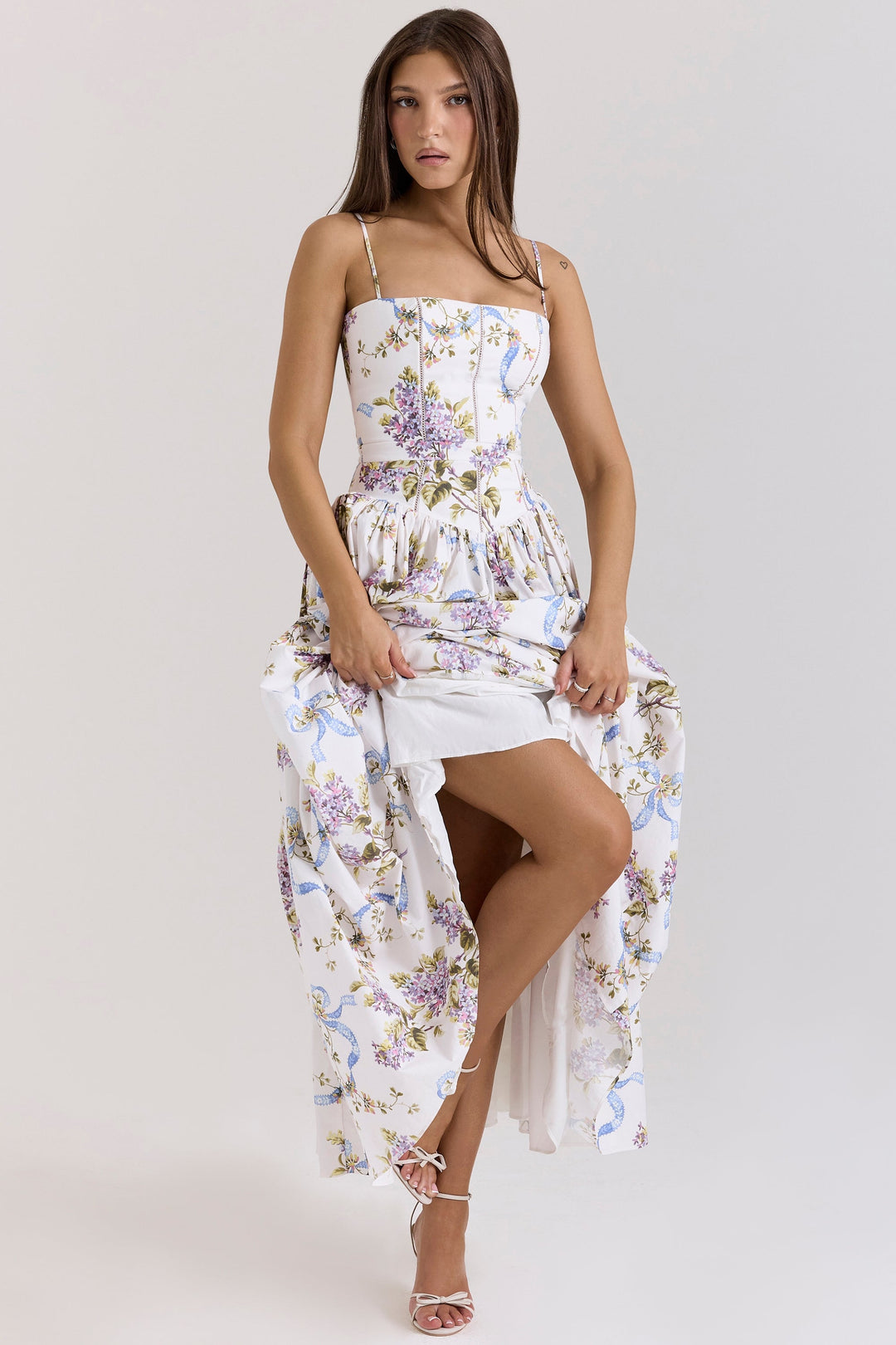 Damen Midi-Kleid mit Spaghettiträgern und Korsett-Nähten am Oberteil