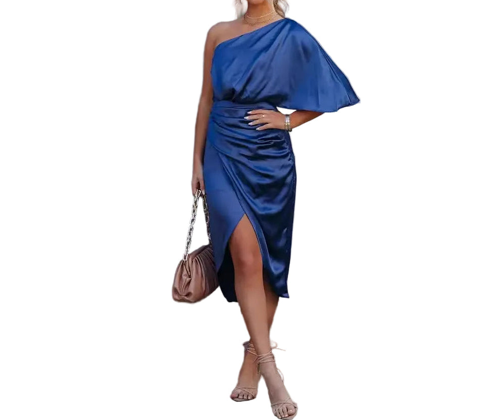 Damen Midikleid mit asymmetrischem Ausschnitt und Drapierung-dress-Alpenkind