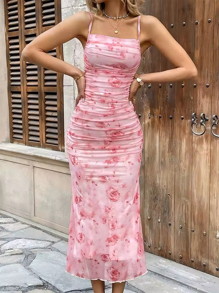 Damen Midikleid mit Blumenmuster und durchgehender Raffung