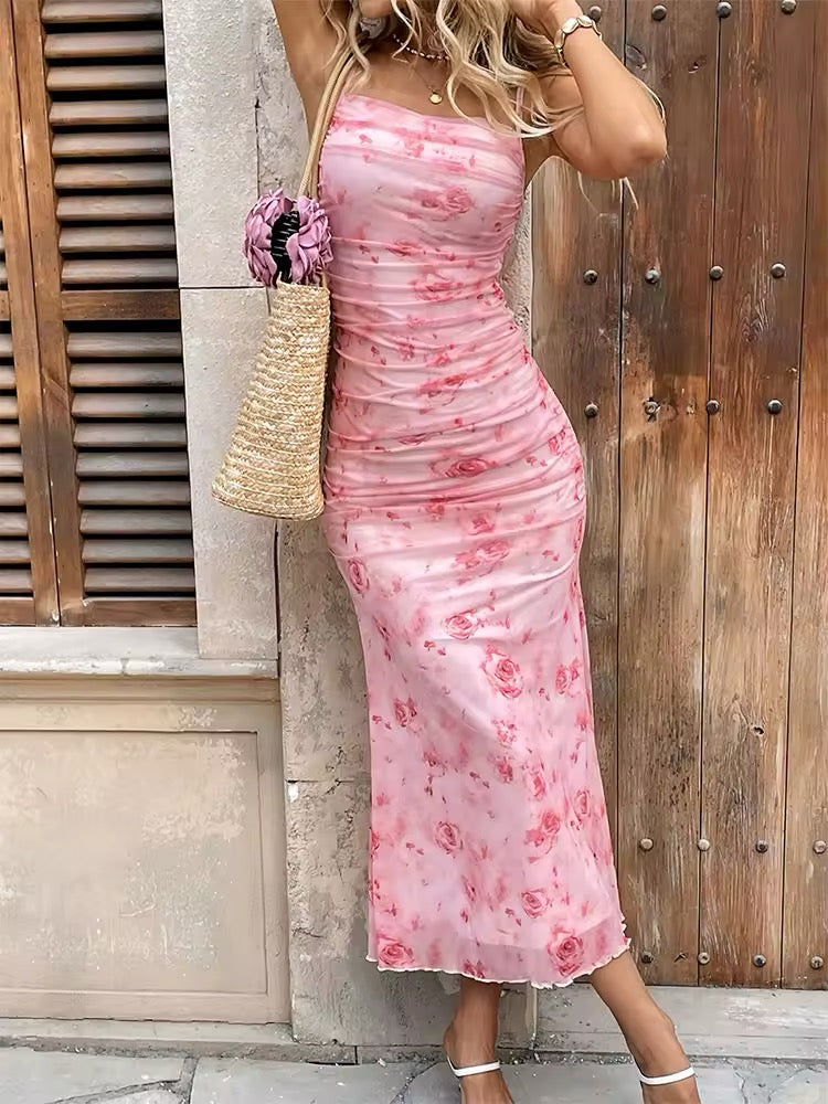 Damen Midikleid mit Blumenmuster und durchgehender Raffung