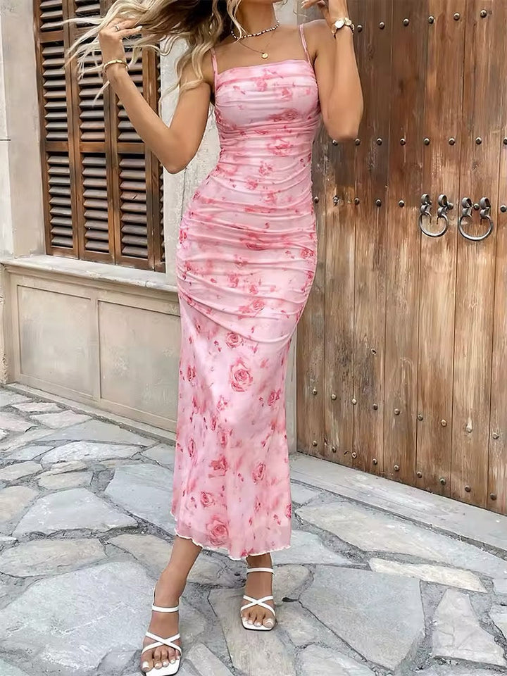 Damen Midikleid mit Blumenmuster und durchgehender Raffung